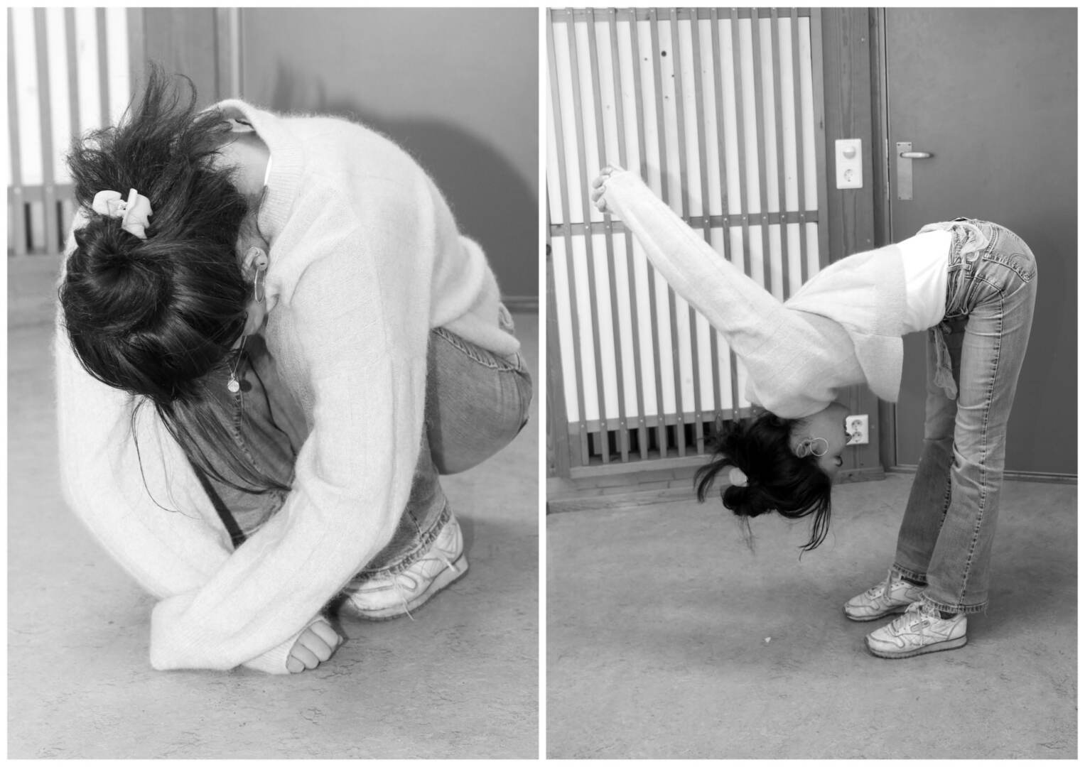Tøy og bøy 1 og 2: Strekkøvelsene Joe gjør på øverommet er blant annet inspirert av dans, qigong og yoga.
Til venstre: Her krummer du deg sammen for å myke opp og strekke mellom skulderbladene og i ryggen.
Til høyre: Her strekkes særlig skulderpartiet. Denne øvelsen vil være vanskelig for mange, og du må bare gjøre den hvis du får den til.