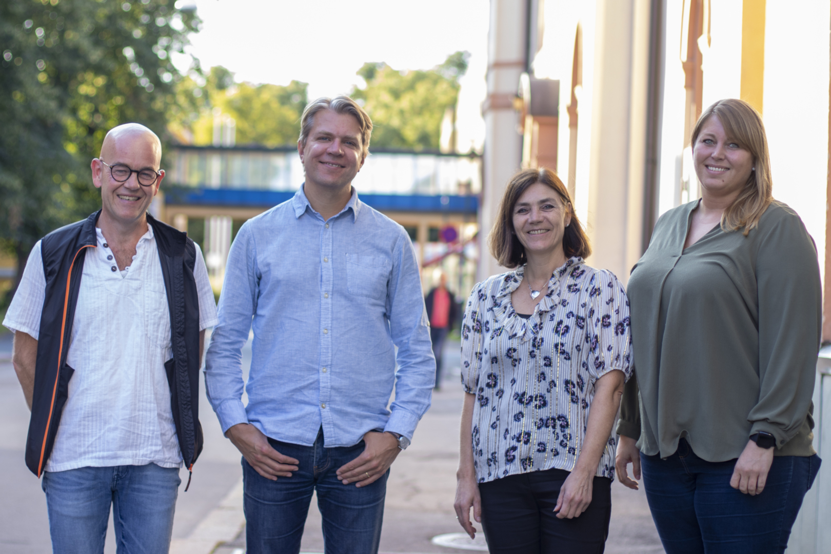 Glade musikanter? Ja, men ikke så glade for lokalene. F.v.: Jan-Eirik Eide Hansen (styret), Jan-Erik Hybertsen (dirigent), Ine Holm Johnsen (styret) og Catrhrine Westlie Eidal (styret).